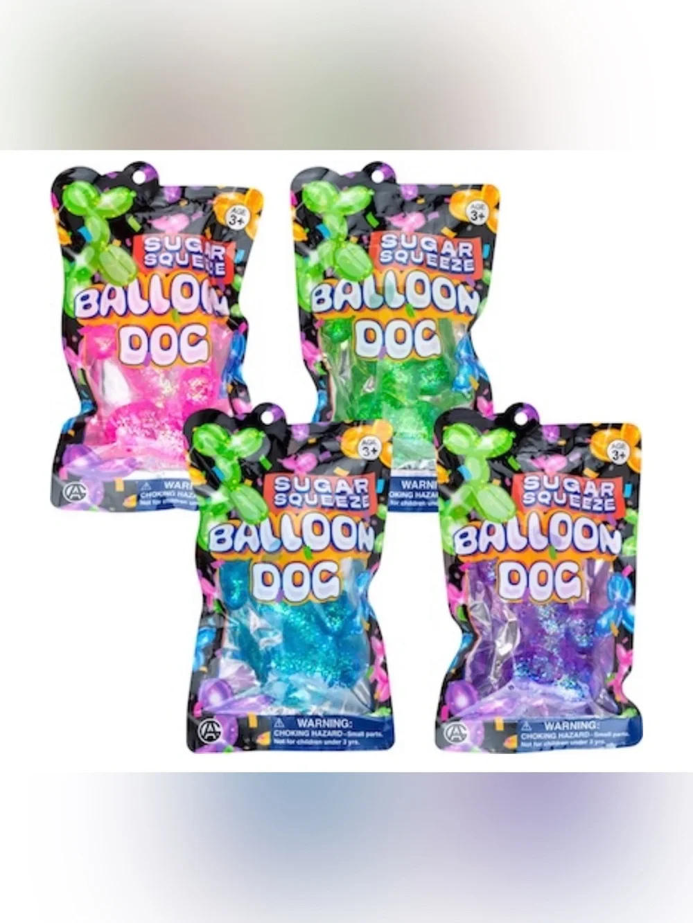 Set of 4 Sugar Squeeze Glitter Balloon Dog Squishies -Pink, Green, Blue & Purple